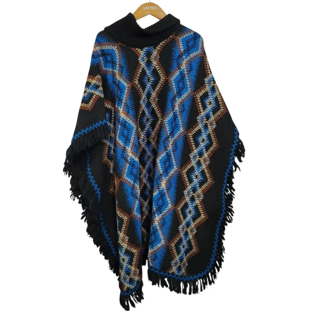 JFR Textiles Poncho One Size Black Blue Brown Aztec Southwestern Fringe Diamond